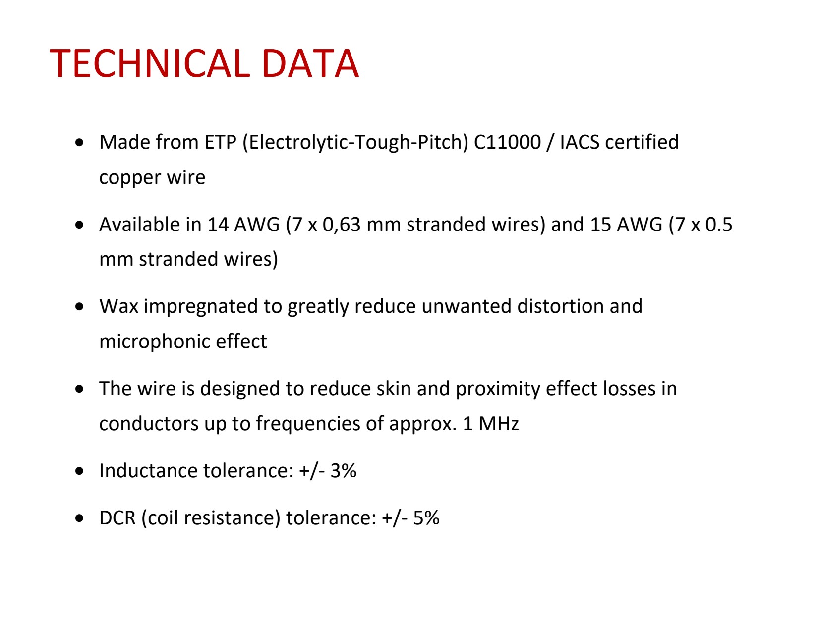 Litz Wire Wax Coil Spec.